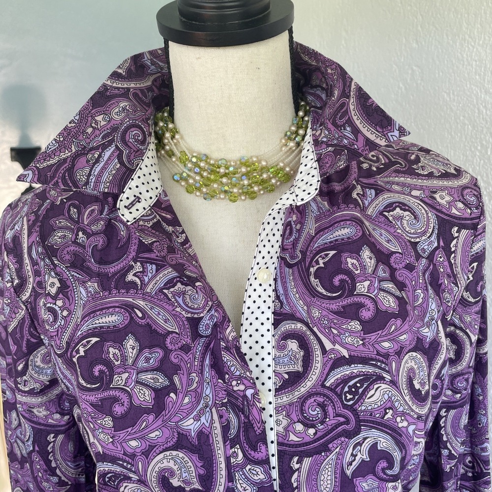 IZOD Lacoste Alligator Purple Paisley Button Up Blouse Shirt Top Size M - Picture 2 of 9